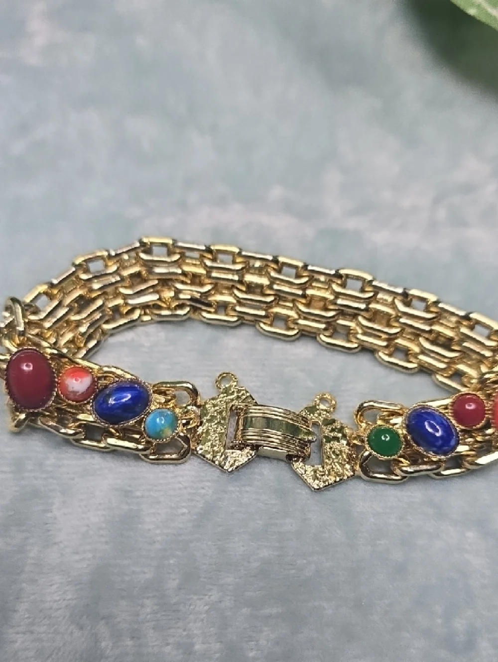 Gold Multicolor Cabochon Link Bracelet - Women Jewelry - Picture 4 of 7